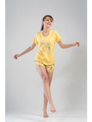 Ilısana Kadın Sarı Pamuklu Kısa Kol Eteği Şortlu Pijama Takım