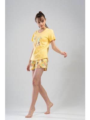 Ilısana Kadın Sarı Pamuklu Kısa Kol Eteği Şortlu Pijama Takım