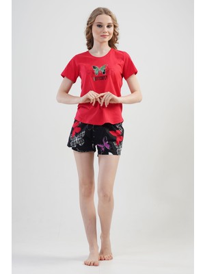 Ilısana Kadın Kırmızı Pamuklu Kısa Kol Eteği Şortlu Pijama Takım