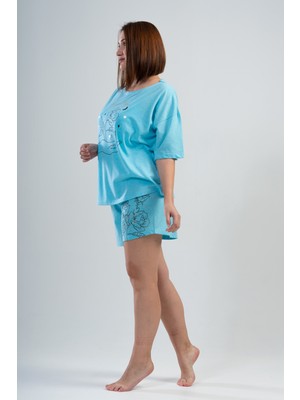 Ilısana Kadın Cam Göbeği Büyük Beden Düşük Omuzlu Kısa Kol Şortlu Pijama Takım