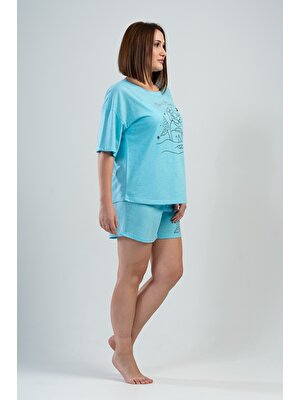 Ilısana Kadın Cam Göbeği Büyük Beden Düşük Omuzlu Kısa Kol Şortlu Pijama Takım