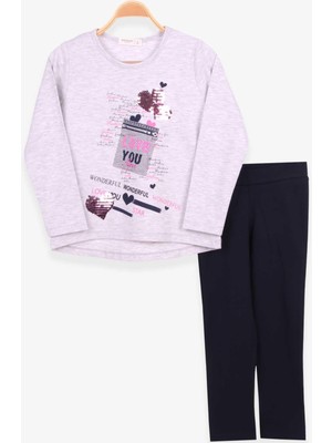 Breeze Kız Çocuk Taytlı Takım Pullu Kalp Desenli 5-10 Yaş, Açık Gri Melanj
