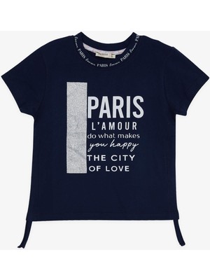 Breeze Kız Çocuk Tişört Yazı Baskılı Simli Yanları Büzgülü 9-14 Yaş, Lacivert