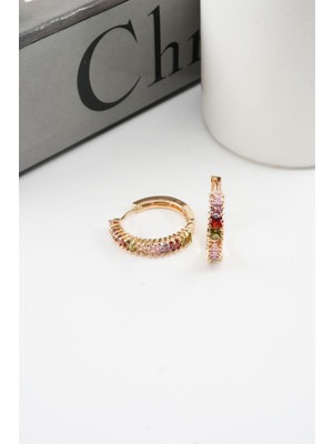 By Zeyna Aksesuar Kadın Vip Seri Baget Renkli Zirkon Taşlı Halka Küpe