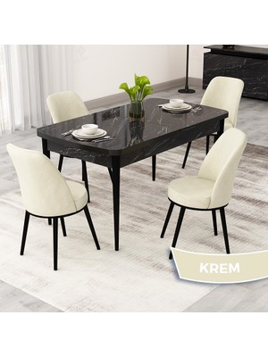 Rax Serisi Açılabilir 80X132 Siyah Mermer Desen Mutfak Masası Takımı ve 4 Sandalye