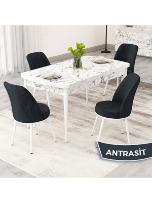 Rax Serisi Açılabilir 80X132 Beyaz Mermer Desen Mutfak Masası Takımı ve 4 Sandalye