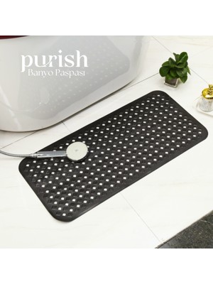 Purish | Banyo Duş Küvet İçin Vantuzlu Kaydırmaz, Su Drenajlı, Masaj Noktalı Paspas - Mat Siyah - 70X40CM