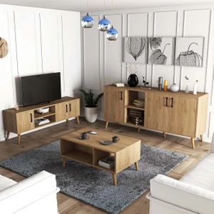 Set 1586-2076-1626 Exxen (Ahşap Ayaklı) Tv Ünitesi - Orta Sehpa - Konsol Seti Sepet Rengi