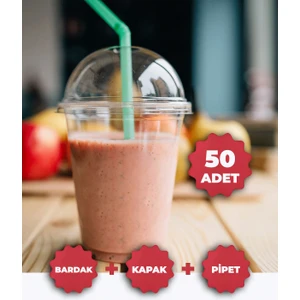 Plastik Milkshake Bardağı + Kapak + Pipet 12 Oz (350 Cc) - 50 Adet