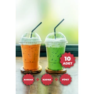 Plastik Milkshake Bardağı + Kapak + Pipet 16 Oz (470 Cc) - 10 Adet