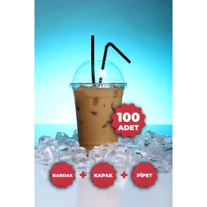 Plastik Milkshake Bardağı + Kapak + Pipet 16 Oz (470 Cc) - 100 Adet