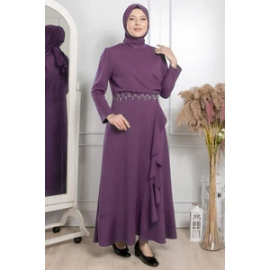 Fırfırlı Taş Işleme Detaylı Elbise Lila FHM874
