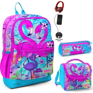 Coral High Mavi Pembe Flamingo USB Soketli Üçlü Ilkokul Çanta Seti - Kız Çocuk