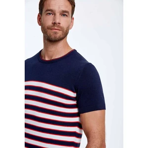 Beyaz Çizgi Desenli Bisiklet Yaka Lacivert Triko T-Shirt