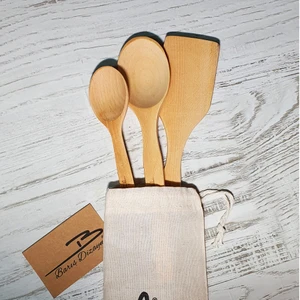 Barış Dizayn Kayın Ağacı Ham Bez Keseli Tahta Kaşık Spatula Seti Cilalı 30-27-23 cm 3'lü