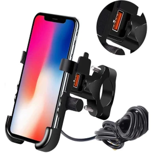 Motosiklet Telefon Tutucu USB Şarjlı Alüminyum Alaşım Gidon ve Ayna Bağlantılı