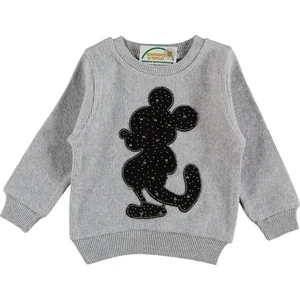 NSE Collection Kız Çocuk Gri Renk Selanik Kumaş Bisiklet Yaka Inci ve Taş Aksesuarlı Mickey Mouse Model Mevsimlik Kışlık Sweat