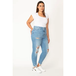 Kadın Mavi Yırtık Detaylı Yıkama Efektli 5 Cepli Skinny Kot Pantolon 65N28095