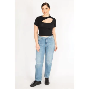 Kadın Mavi Büyük Beden Yıkama Efektli 5 Cepli Kot Pantolon