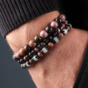 Sertifikalı Rodonit Erkek&Kadın Set Doğal Taş Bileklik Güneş Taşı,Hematit 8mm ve 6mm