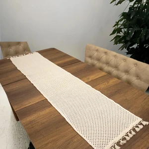 NDC Home Özel Tasarım Pamuk Örme Dantel Ponponlu Runner Masa Örtüsü 45 x 150 cm