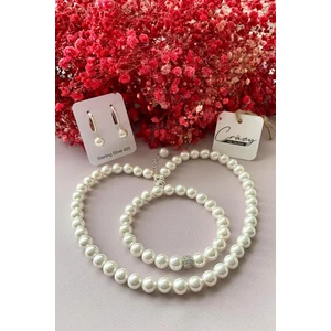 Crazy Takı Tasarım 8 mm Mayorka (Kaplama) Inci Kolye-Küpe-Bileklik 925 Ayar Gümüş Set