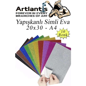 Simli Yapışkanlı Eva A4 20X30 cm 10 Renk 1 Paket Simli Yapışkanlı Eva Süngeri 10'lu Okul Kreş Anasınıfı Elişi Etkinlikleri