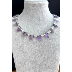 Crazy Takı Tasarım Crazy Takı Ametist-Hematit-Pembe Kuvars Doğaltaş Kadın Kolye (925 Ayar Gümüşlü)