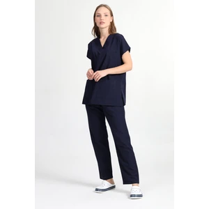Kadın Likralı Pamuk Scrubs Yarasakol Doktor Hemşire Forma Takımı Lacivert
