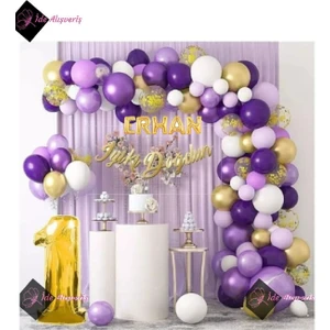 5 Harf Isimli Yaş Macaron Mor Balon Zinciri Seti Gölge Mor Altın Balon Dekorasyon