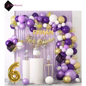 5 Harf Isimli Yaş Macaron Mor Balon Zinciri Seti Gölge Mor Altın Balon Dekorasyon