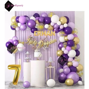 5 Harf Isimli Yaş Macaron Mor Balon Zinciri Seti Gölge Mor Altın Balon Dekorasyon