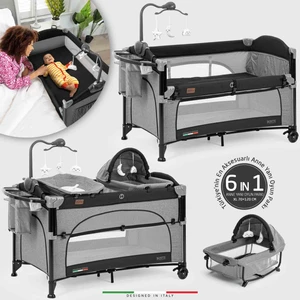 Bonte 2 6in1 Lüks Anne Yanı Oyun Parkı Park Yatak XL 70x120 cm Gri-Siyah