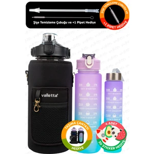 Figo 3lü Set BPA İçermez Motivasyonel Su Matarası 2.000ML-750M-300ML, Siyah Su Matarası