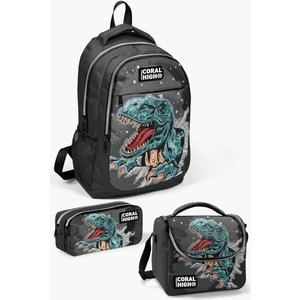 Coral High Kids Koyu Gri Siyah Dinazor Desenli 3’lü Okul Çanta Seti SET0114386