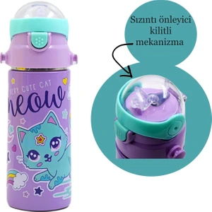 Pipetli Çelik Matara MT-2635 Kedi Desenli 550 ml
