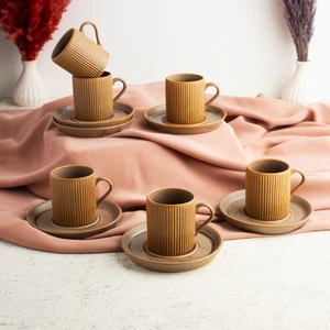 Oms Collection Afra 12 Parça Porselen Mat Kahve Fincan Takımı Kahve Rengi