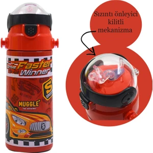 Pipetli Çelik Matara MT-2635 Araba Desenli Kırmızı 550 ml