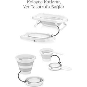 3'lü Set Katlanır Bebek Çocuk  Yıkama Küveti & Katlanır Kova & Katlanır Maşrapa Seti Gri