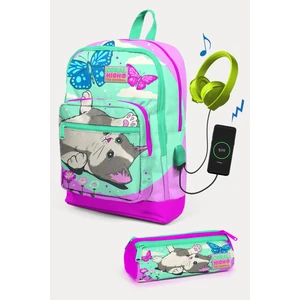 Coral High Kids Su Yeşili Pembe Kedi Desenli Usb'li 2'li Okul Çanta Seti SET0223807