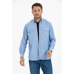 Erkek Açık Mavi Çift Cepli Düz Likralı Uzun Kollu Kot Gömlek