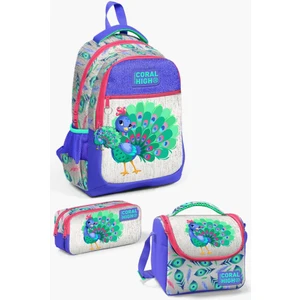Coral High Kids Gümüş Lavanta Tavus Kuşu Desenli 3’lü Okul Çanta Seti GOSET0123488