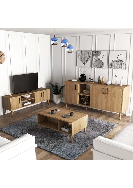Set 1586-2076-1626 Exxen (Ahşap Ayaklı) Tv Ünitesi - Orta Sehpa - Konsol Seti Sepet Rengi