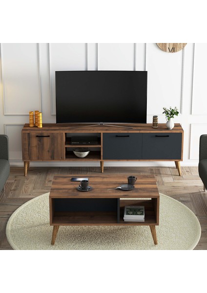Set 1581-2070 Exxen 180 cm Tv Ünitesi + Exxen Orta Sehpa - Hat-Antrasit Rengi