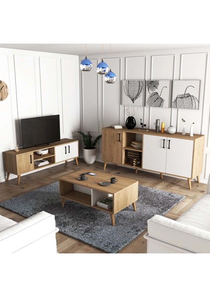 Set 1584-2074-1624 Exxen (Ahşap Ayaklı) Tv Ünitesi - Orta Sehpa - Konsol Seti Sepet - Beyaz