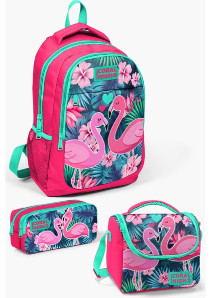 Kids Neon Mercan Su Yeşili Flamingo Desenli 3’lü Okul Çanta Seti SET0114377