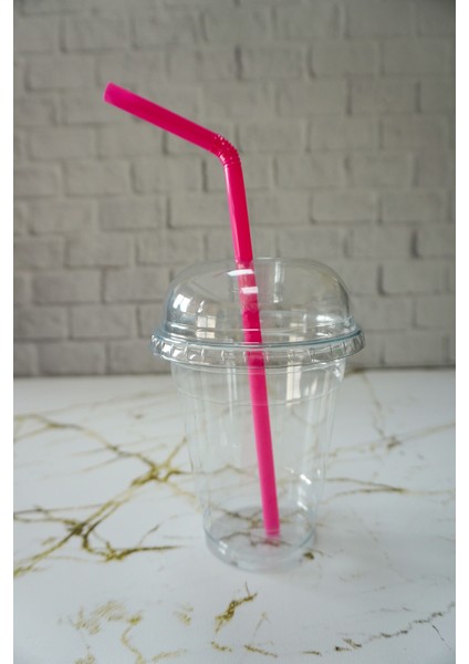 Plastik Milkshake Bardağı + Kapak + Pipet 12 Oz (350 Cc) - 5 Adet