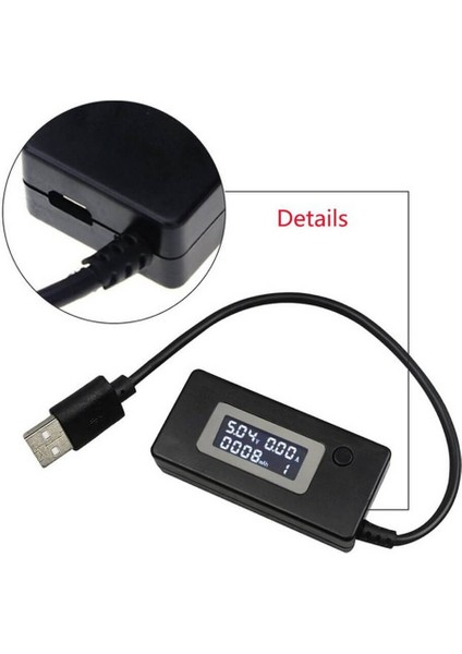 Dc 3-7V USB Voltmetre Ampermetre Voltaj Amper Güç Ölçer Multimetre - Mikro USB Girişli Kablolu