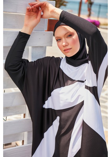 Çiçekli Siyah Tam Kapalı Tesettür Mayo M2309