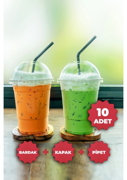 Plastik Milkshake Bardağı + Kapak + Pipet 16 Oz (470 Cc) - 10 Adet